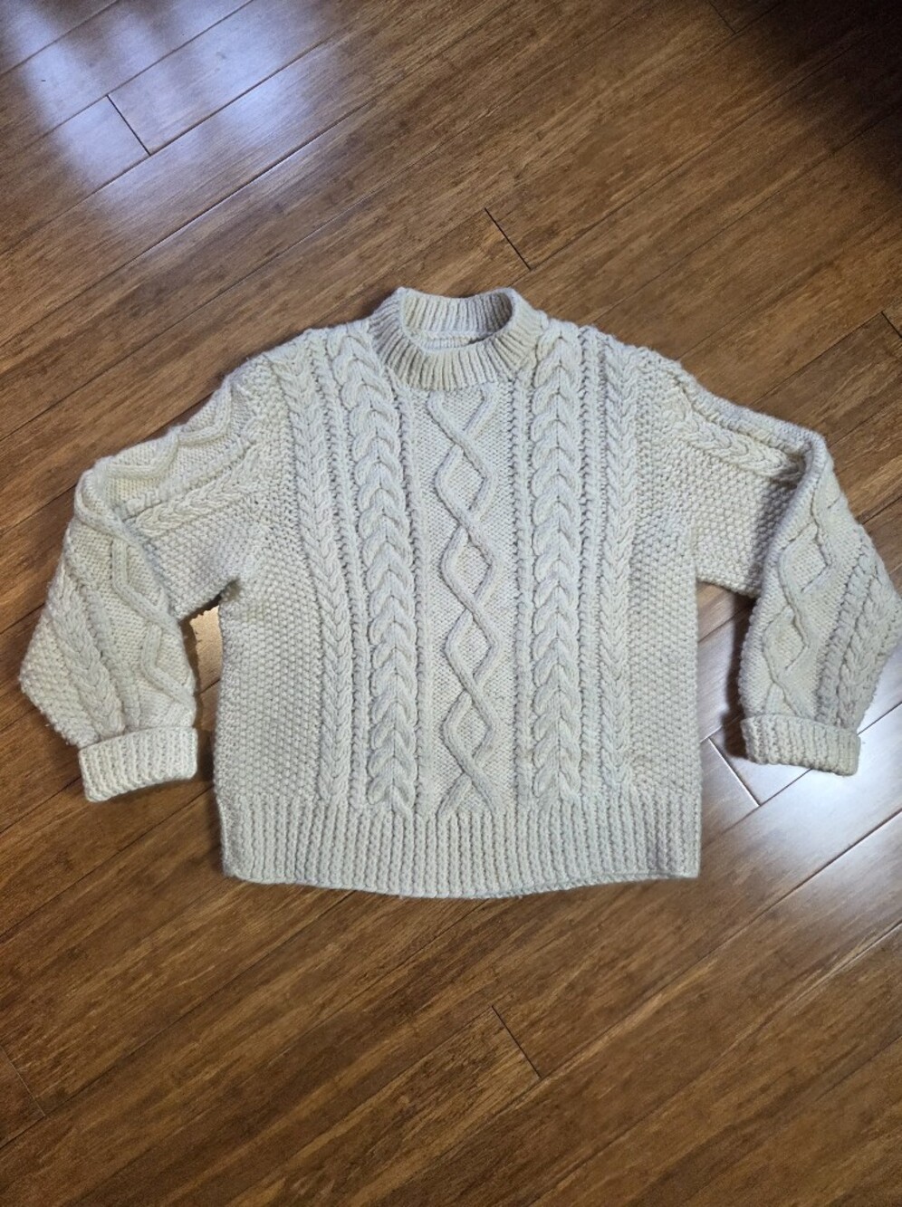 Hand Knit Wool Fisherman Sweater Cream Cable Knit Heavy Thick Chunky Cottagecore
